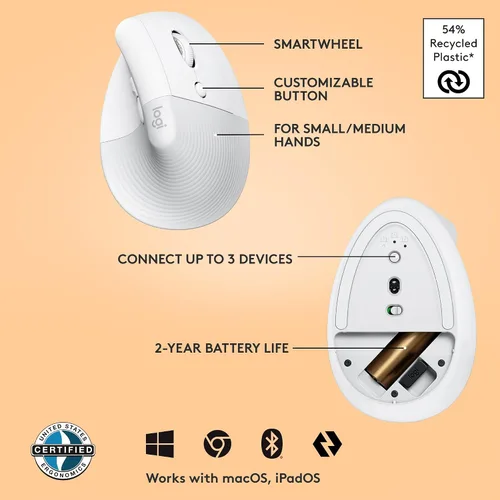 Vista 6 de Logitech Lift Ratón Ergonómico Vertical, Inalámbrico, Bluetooth o Receptor USB Logi Bolt, Clics Silenciosos, 4 Botones, Compatible con Blanco hueso