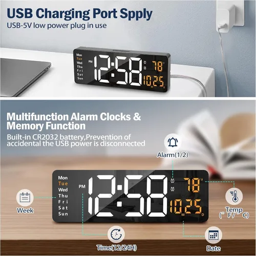 Vista 7 de Digital Alarm Clock Wall/Table 16.2 Inch Large LED Display with Date & Week, Remote Control, Adjustable Brightness, Big Wall Clock for Bedroom