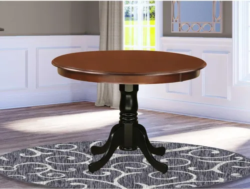 Vista 5 de HomeStock Mesa de comedor redonda de madera, mesa de cocina resistente para espacios pequeños, color negro y cereza/36 pulgadas sin gotas