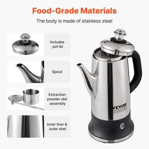 Vista 5 de VEVOR Cafetera Eléctrica de 12 Tazas con Percolador, Cafetera de Acero Inoxidable 304 con Función de Mantenimiento en Calor y Mango Resistente al