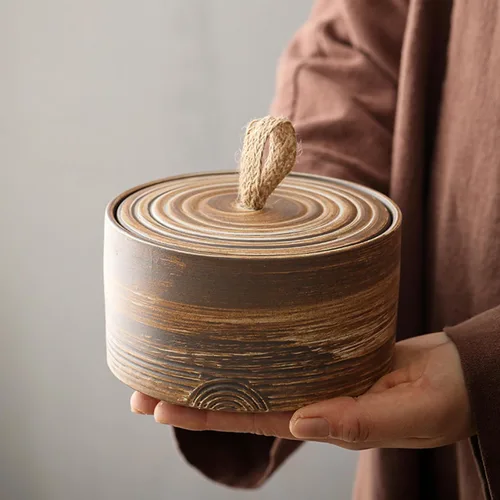 Vista 2 de Tarro de almacenamiento de cerámica retro - tarro multifuncional para té, café y azúcar - recipiente de cocina decorado con tapa (A)