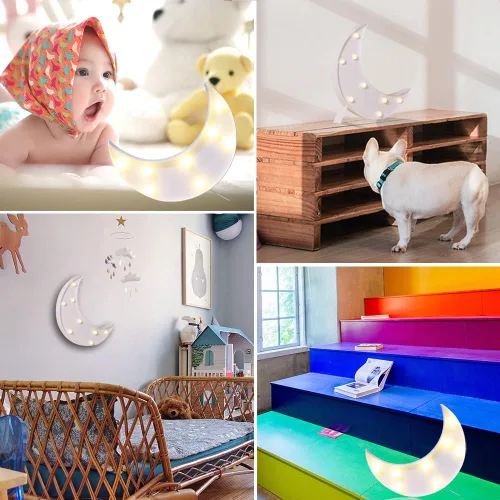 Vista 4 de Letreros LED de marquesina en forma de luna, luces nocturnas iluminadas a pilas, lámpara de luna creciente para dormitorio, Navidad, decoración