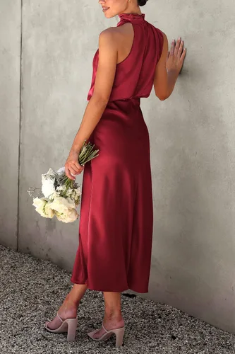 Vista 2 de PRETTYGARDEN Vestido de satén de verano 2024 para mujer, elegante, sin mangas, con cuello alto falso, para cóctel, fiesta, maxi vestidos