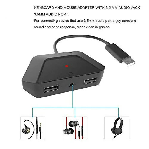 Vista 5 de Adaptador de teclado y ratón con conector de audio de 0.138in compatible con Nintendo Switch, Xbox One, PS4, PS3. Perfecto para juegos como FPS