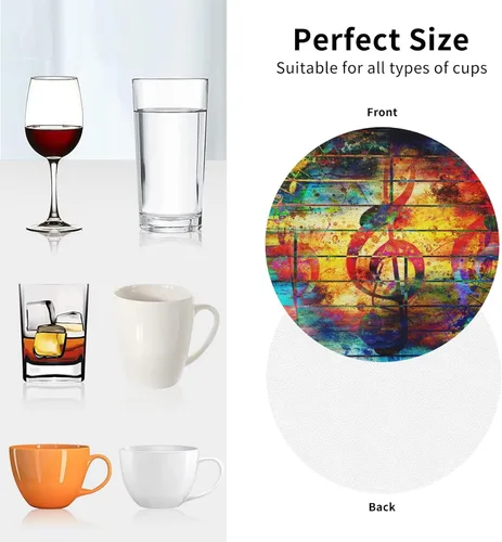 Vista 7 de 4 posavasos musicales coloridos para bebidas, posavasos redondos de cuero con notas musicales para protección de mesa, decoración de bar y hogar