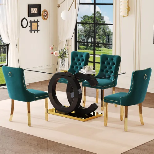 Vista 17 de Ebullient 63" Modern Glass Dining Table Set for 4, Black & Gold 5-Piece Set Glass Table & Beige Chairs