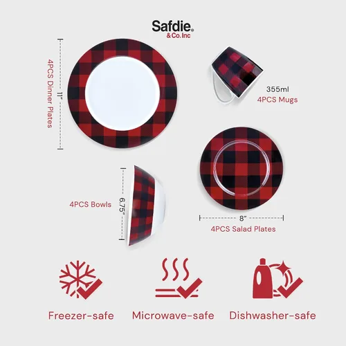 Vista 5 de Safdie & Co. - Juego de vajilla de 16 piezas, color rojo y negro, de porcelana, incluye cuencos, platos y tazas, apto para lavavajillas