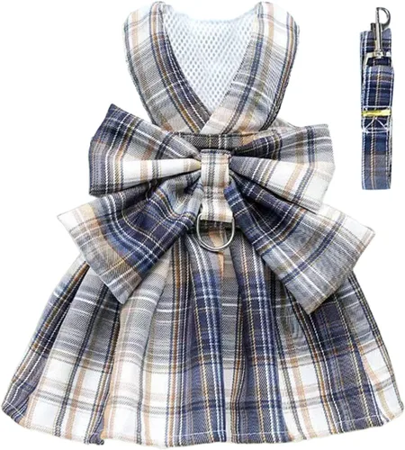 Vista 11 de PETCARE Vestido de Perro a Cuadros con Corbata de Moño y Arnés Set de Correa para Perros Pequeños, Gatos, Niñas, Lindos Vestidos de Princesa