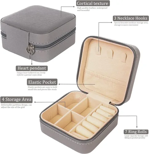 Vista 3 de KElofoN Organizador de joyas de viaje, joyero de viaje, caja organizadora de joyas pequeña para niñas y mujeres (1, gris completo)