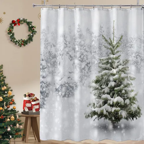 Vista 9 de Cortina de Ducha Navideña, Cortina de Ducha Azul Bosque Invernal con Nieve, Cortina de Ducha de Tela de Pino de Navidad con Regalos para Baño, 72 ×
