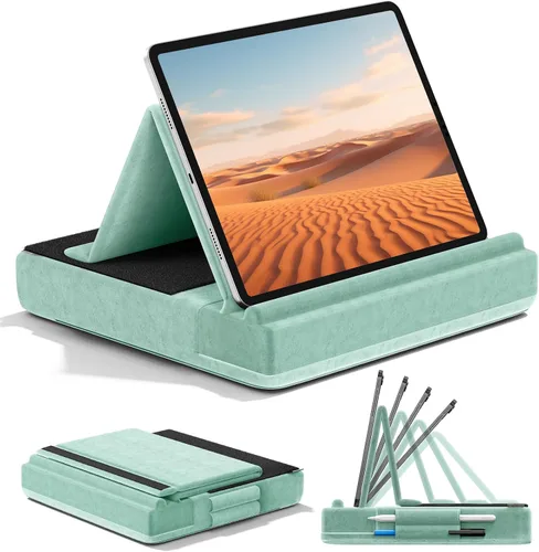 Vista 11 de KDD Soporte de almohada para tableta, soporte de iPad de visión multiángulo para regazo, cama y escritorio, base plegable con soporte para lápiz