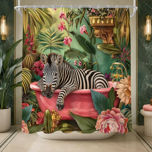 Vista 16 de Juego de cortina de ducha de baño con diseño de leopardo y guepardo rosa A-01pink leopardo verde