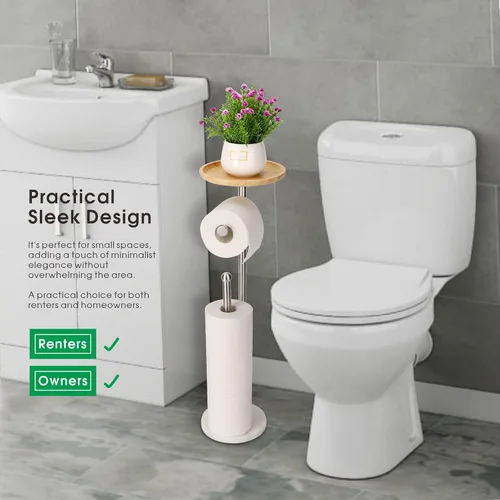 Vista 4 de Soporte para papel higiénico con bandeja grande de bambú de 7.9 pulgadas, base de mármol más pesada de 2.2 libras, soporte de papel de pie