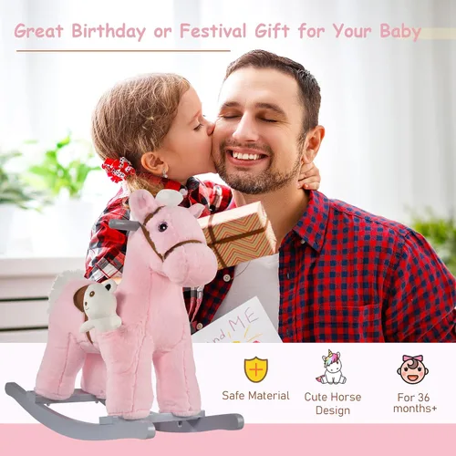 Vista 6 de Qaba Caballo mecedor de peluche para niños con juguete de oso, silla para niños con juguete de felpa suave y divertidos sonidos realistas, rosa