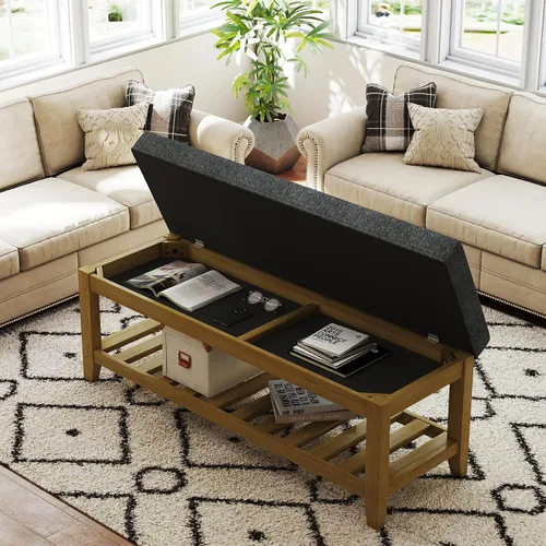 Vista 8 de Otomana con banco de almacenamiento, mesa de centro otomana de lino, gris oscuro Solid frame for added stability, 3.2-inch storage ottoman cushion