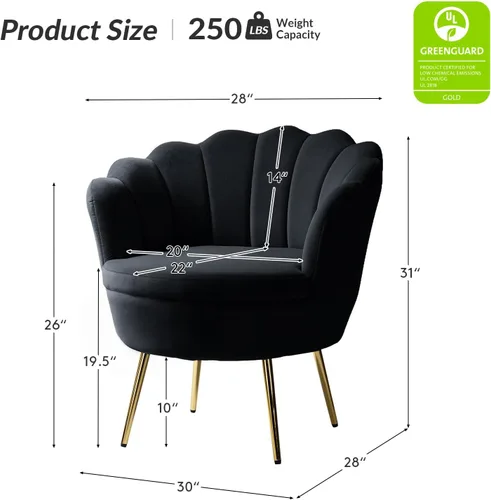 Vista 2 de HULALA HOME Silla decorativa moderna de terciopelo con respaldo en forma de concha, bonito sillón para sala de estar, dormitorio con patas doradas
