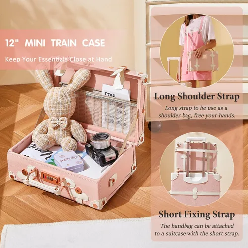 Vista 5 de Unitravel Juego de equipaje vintage de 3 piezas para mujer con cerradura TSA, Rosa en relieve.