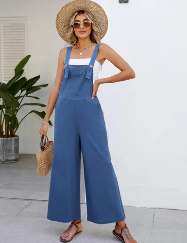 Vista 4 de Kissonic Overol holgado y cómodo para mujer, estilo casual, de algodón, ajuste holgado, pierna ancha, con correas ajustables