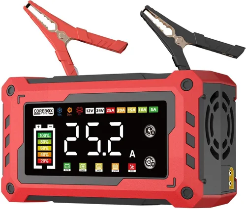 Vista 8 de COREBOX Cargador de batería de 15 amperios y 12 V, cargador automático inteligente de batería, desulfatador de mantenimiento de batería