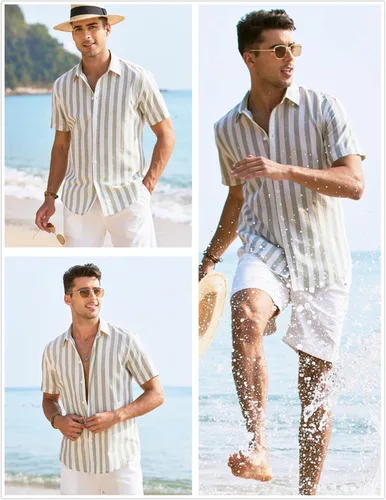 Vista 3 de COOFANDY Camisas casuales de lino de manga corta con botones para hombre