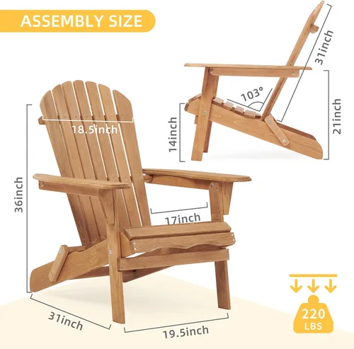 Vista 3 de Juego de 2 sillas Adirondack plegables de madera maciza de madera para jardín, césped, patio trasero (color marrón claro)