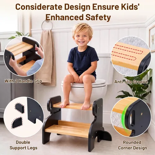 Vista 5 de COSYLAND Taburete de madera de 2 escalones para niños, baño y cocina Negro y natural