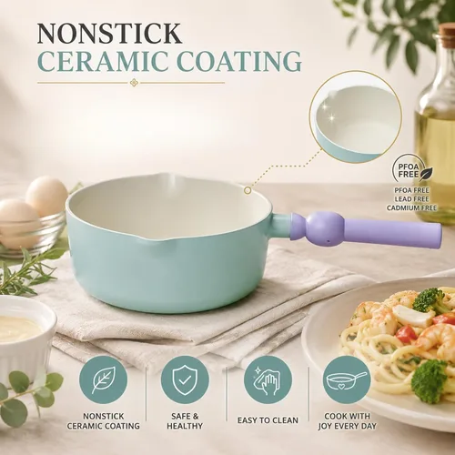 Vista 2 de Better Finger - Mini wok de 7 pulgadas con 2 boquillas de vertido, sartén para leche con revestimiento de cerámica antiadherente de 2.2 cuartos