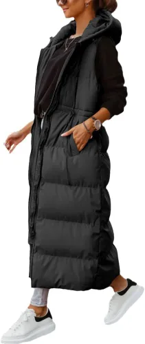 Vista 3 de Tankaneo Chaleco largo acolchado para mujer, ropa de abrigo con capucha y sin mangas, chaleco acolchado de algodón con cremallera completa