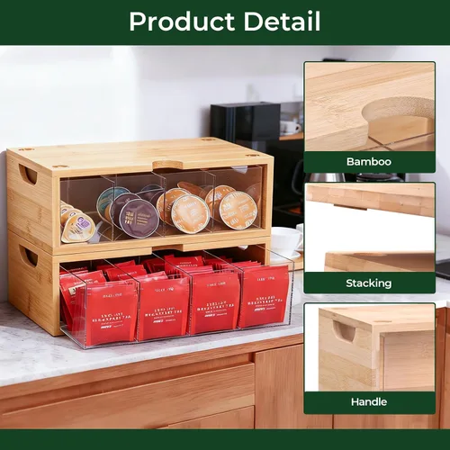 Vista 9 de Organizador apilable de bambú para bolsitas de té, 2 piezas Gran capacidad, juego de cajas Natural