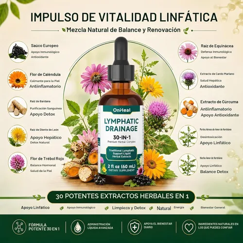 Vista 2 de Gotas de drenaje linfático, complejo de hierbas premium 30 en 1, suplemento de extracto de hierbas líquido de 2 onzas líquidas, apoyo linfático
