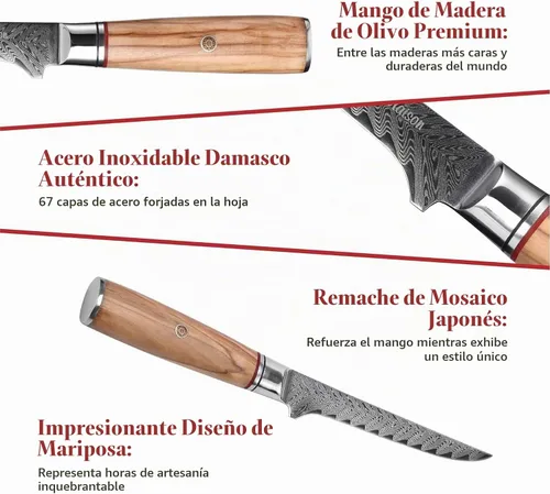 Vista 3 de Master Maison Cuchillo de filete de acero de Damasco de 6 pulgadas con mango de espiga completa, funda, piedra de afilar, caja de almacenamiento