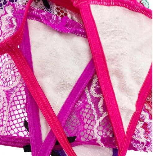Vista 6 de Paquete de 6 tangas de encaje para mujer, ropa interior sexy con patrón de encaje y colores surtidos