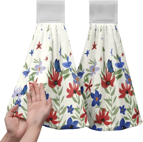 Vista 17 de Juego de 2 toallas de cocina colgantes de hojas tropicales de verano, color verde, hojas de palmera, con bucles para colgar, suaves y absorbentes