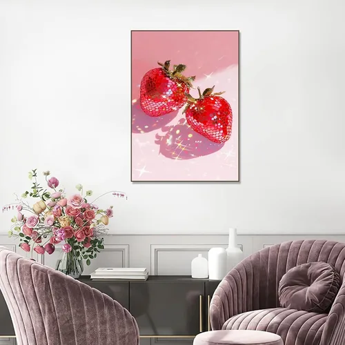 Vista 3 de RYMILIE Kits de pintura artística de diamante rosa para adultos, pintura de puntos de diamante de fresa para principiantes, pintura redonda 5D