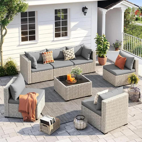 Vista 12 de UDPATIO Juego de muebles de patio al aire libre, sofá seccional modular de 7 piezas con mesa de té, juego de conversación al aire libre de mimbre PE
