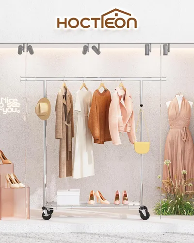 Vista 6 de Hoctieon Perchero de montaje de 1 minuto, 480 libras, percheros de ropa rodantes resistentes con ruedas, perchero plegable para ropa, barra Plata