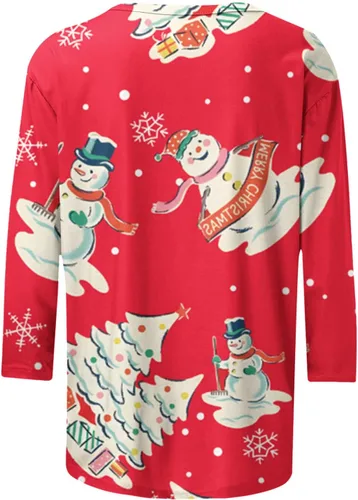 Vista 4 de Camisas de Feliz Navidad para mujer, manga 34, cuello redondo, divertidas camisetas gráficas de Santa Navidad, camisetas brillantes para las fiestas