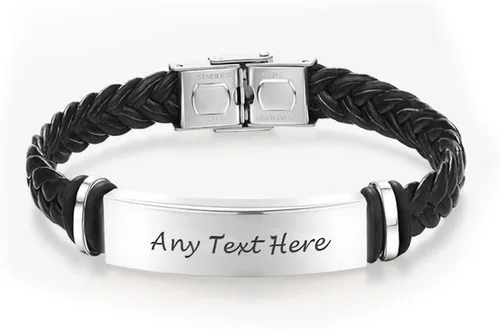 Vista 2 de Personalized Mens Bracelet Leather Engraved Bracelet Gift for Boyfriend Him Husband Dad Best man Customized Gifts Christmas Birthday Wedding