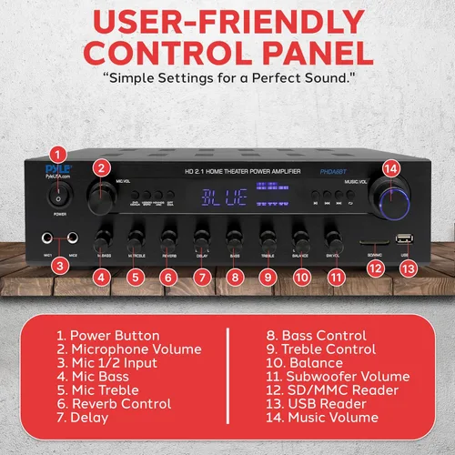 Vista 2 de Pyle Receptor Amplificador Estéreo de 400W - Amplificador de Audio BT para el Hogar con Lectores USB/SD, Radio FM, Aux de 3.5mm, Fono, Entradas
