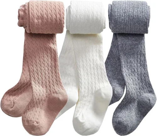 Vista 15 de CHUNG Medias de algodón con pie para niñas pequeñas, gruesas, de invierno, con cable de punto, leggings, medias largas 1 par negro
