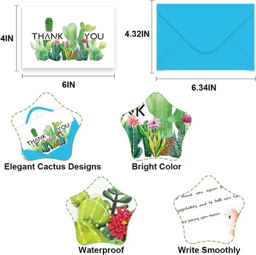 Vista 3 de Tarjetas de agradecimiento de cactus paquete de 36 tarjetas de agradecimiento para suculentas con sobres de 4 x 6 pulgadas, tarjetas