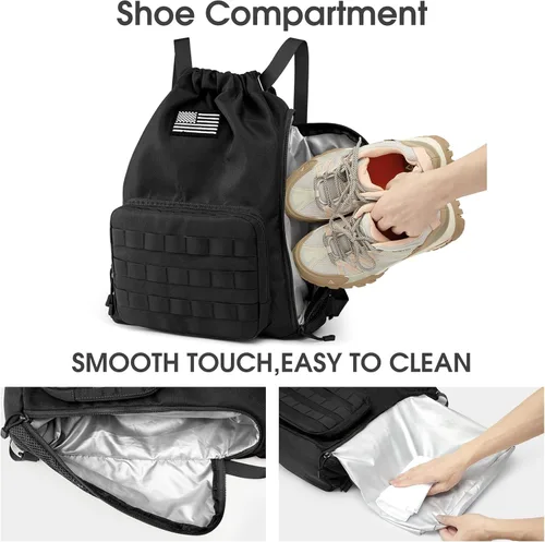Vista 2 de G4Free Mochila con cordón para gimnasio, bolsa de baloncesto de fútbol con compartimento para zapatos, bolsa deportiva táctica, Negro -, Classic