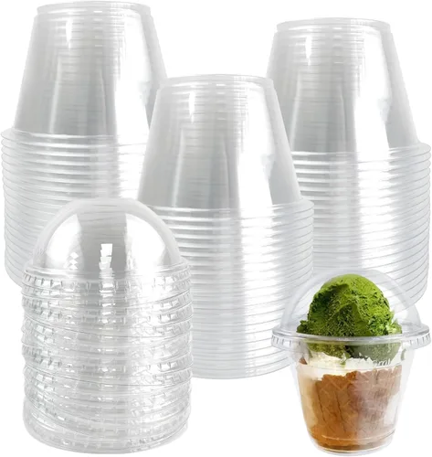 Vista 11 de Paquete de 100 vasos de plástico desechables apilables transparentes de 10 onzas con tapas planas, tazas de helado PET de 10.1 fl oz con tapas