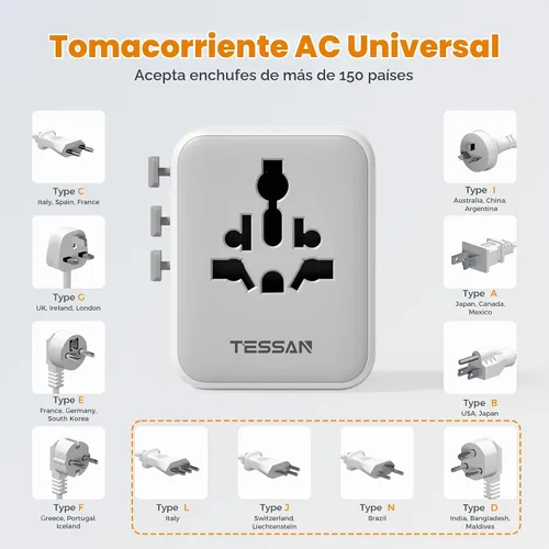 Vista 5 de Adaptador universal de viaje TESSAN, adaptador de corriente en todo el mundo Gris y blanco-20W