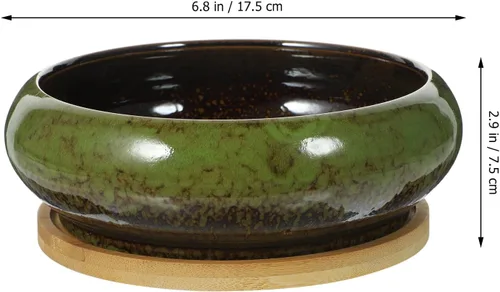 Vista 2 de GANAZONO Macetas suculentas para suculentas con drenaje de cerámica para bonsái con bandejas de bambú, macetas redondas poco profundas para plantas