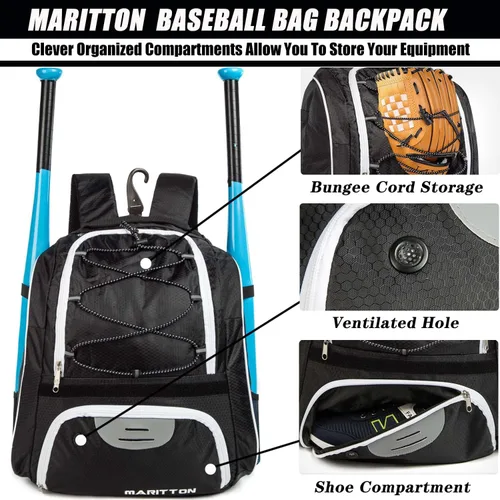 Vista 3 de Bolsa de béisbol – Mochila de murciélago para béisbol, T-Ball y equipo de softbol para jóvenes y adultos con compartimento para zapatos y bate
