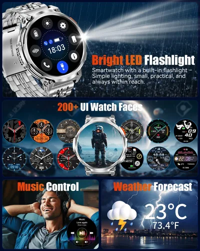 Vista 8 de Relojes inteligentes militares para hombres con llamada Bluetooth, pantalla HD de 1.85 pulgadas, reloj inteligente impermeable con linterna, 114