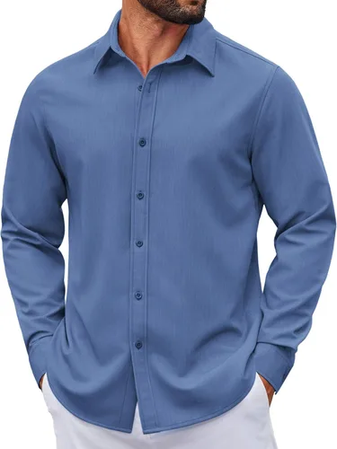 Vista 50 de COOFANDY Camisa de vestir casual de mezclilla con botones y manga larga para hombre