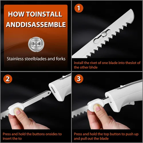Vista 5 de Cuchillo eléctrico, juego de cuchillos de trinchar eléctricos con dos cuchillas dentadas de acero inoxidable, tenedor de tallado, con mango