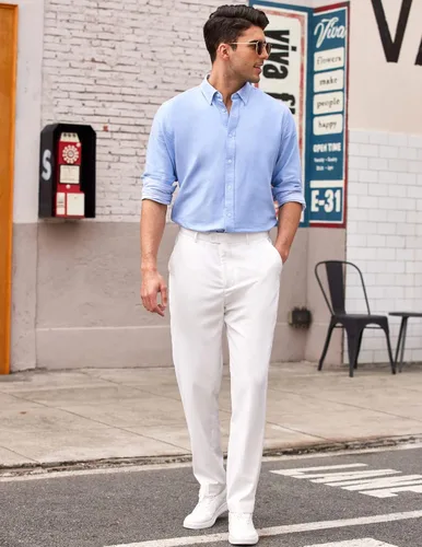 Vista 2 de COOFANDY Pantalones de vestir con frente plano de ajuste clásico para hombre, sin planchado, pantalones casuales de primera calidad, pantalones
